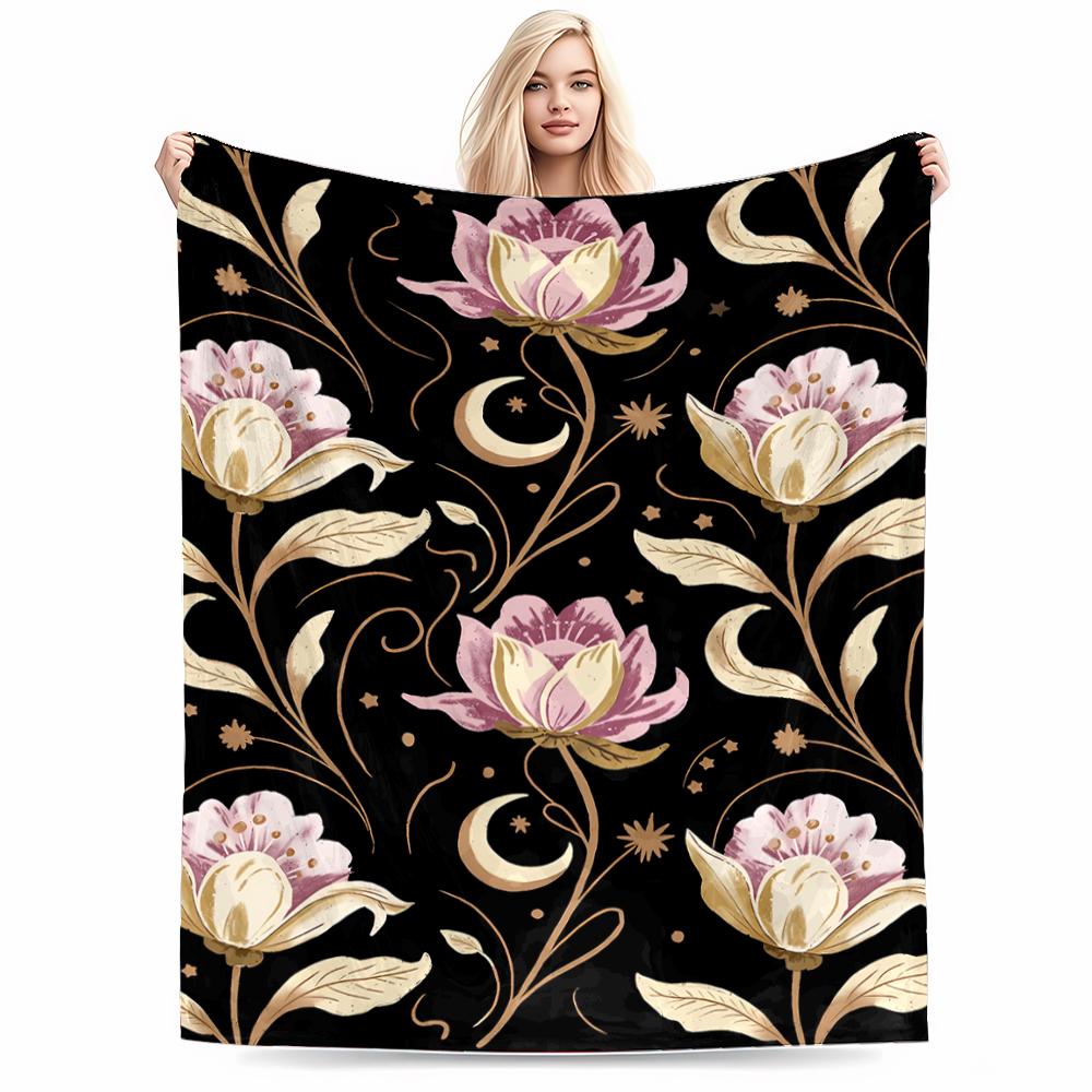 Floral Blanket with Pink Flowers, Moon, Star Pattern, Black Background Blanket, Suitable for Use In the Bedroom, Living Room, On the Sofa