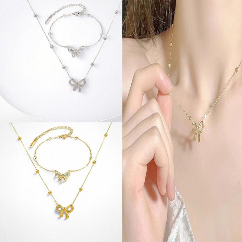 Fashionable Steel Jewelry Set Featuring Butterfly Bowknot Pendant Elegant Necklace And Bracelet For Everyday Wear