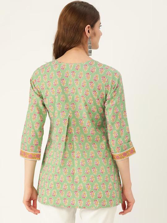 Green Printed Sequinned Pure Cotton Kurti