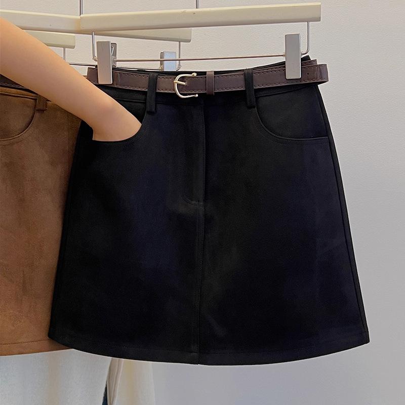 Women's Plus Size Brown Suede Hip-Hugging Short Skirt - Retro Designer Style for Spring and Autumn