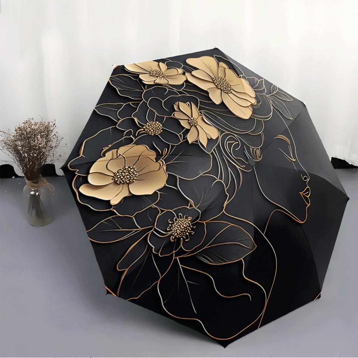 

Automatic Folding Umbrella Golden and a woman s outlined face on a black background. Portable collapsible design, casual outd Iron&8K