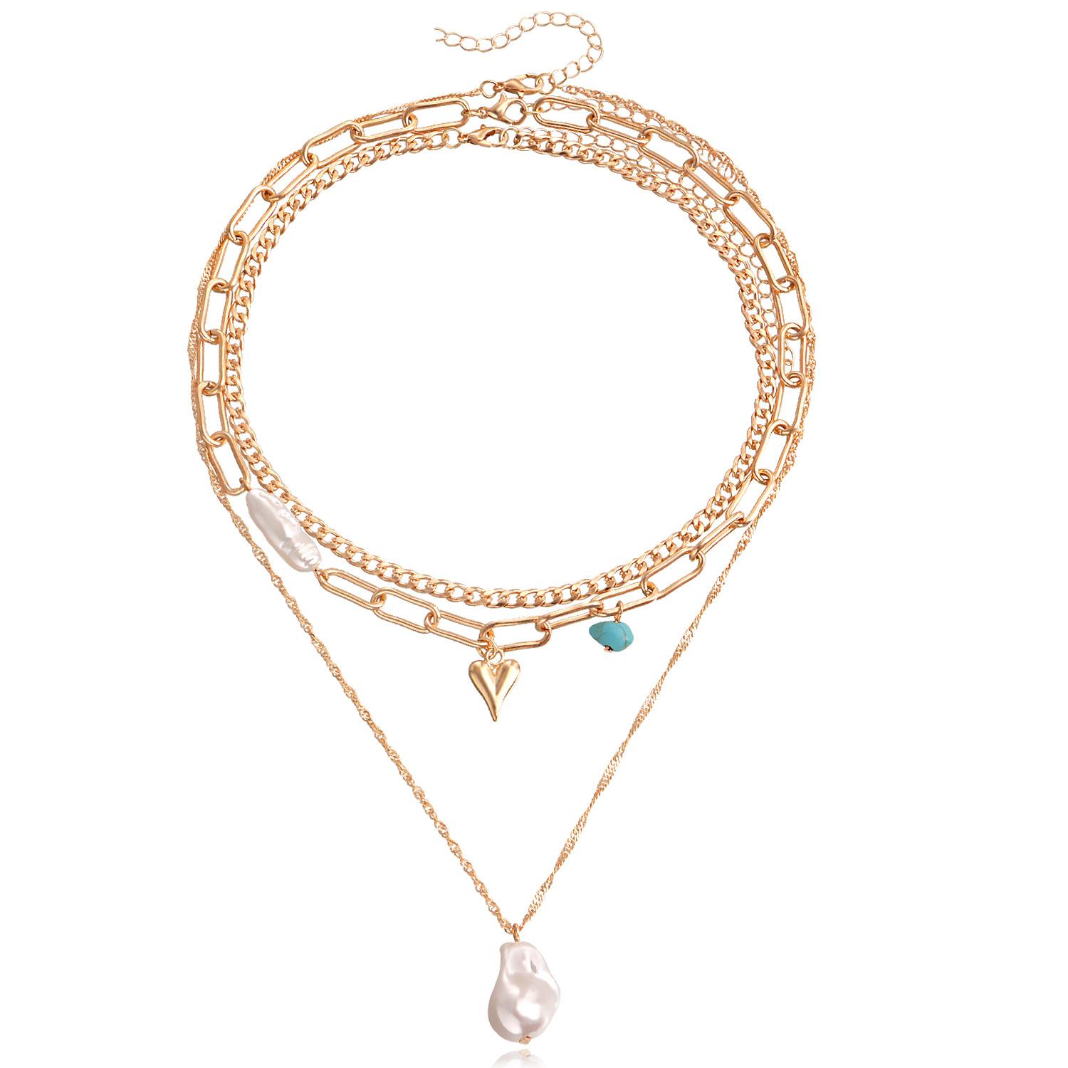 

European and American jewelry, trendy multi-layer special-shaped imitation pearl love pendant necklace, female ins hot-selling products золотой