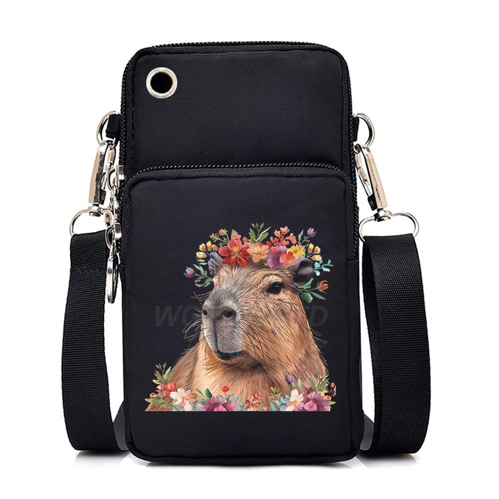 Multifunctional vertical black shoulder bag printed cartoon casual men's and women's portable mobile phone bag messenger bag