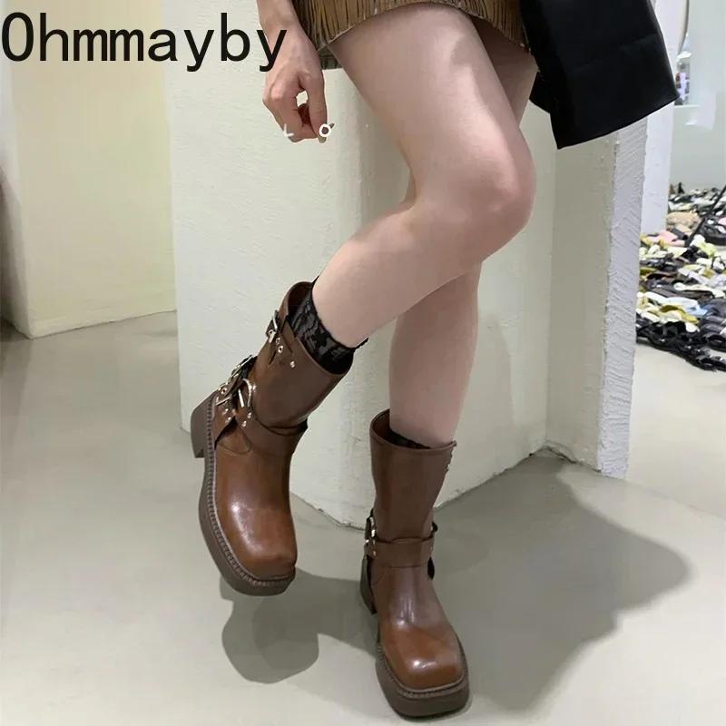 Winter Platform Cowboy Boots Women Shoes Slip On Mid Heel Bota Ladies Retro Mordern Bootties
