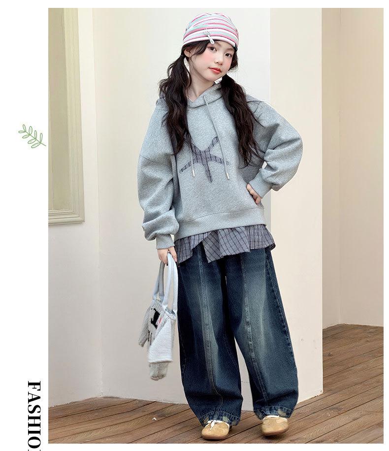 Girls' Plaid Patchwork Hooded Sweatshirt: 2026 Autumn Style for Middle and Older Children - Faux Two-Piece Long-Sleeve Top