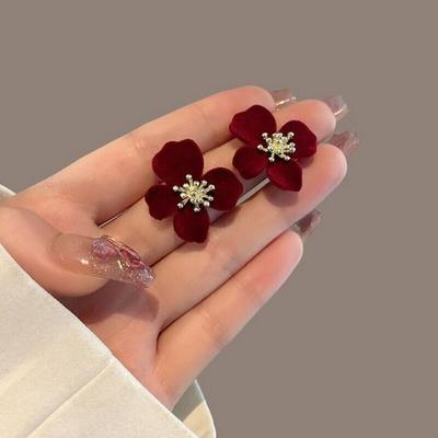Flower Sweet Solid Color Flower Earrings Flocking Light Luxury Earrings Velvet Flower Earrings