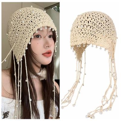 Hollow Out Hollow Pearl Tassels Knitted Hat Beanies Ethnic Style Hat Knit Cap  Apparel Accessories