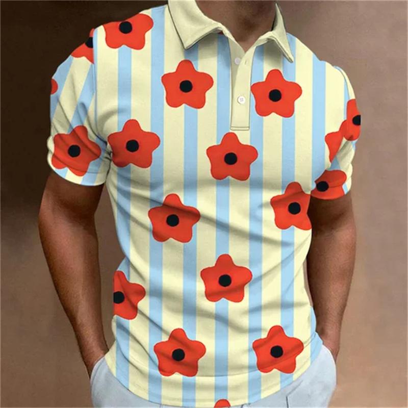 Fashionable men's polo shirt 3D printed flower pattern button lapel short sleeved top