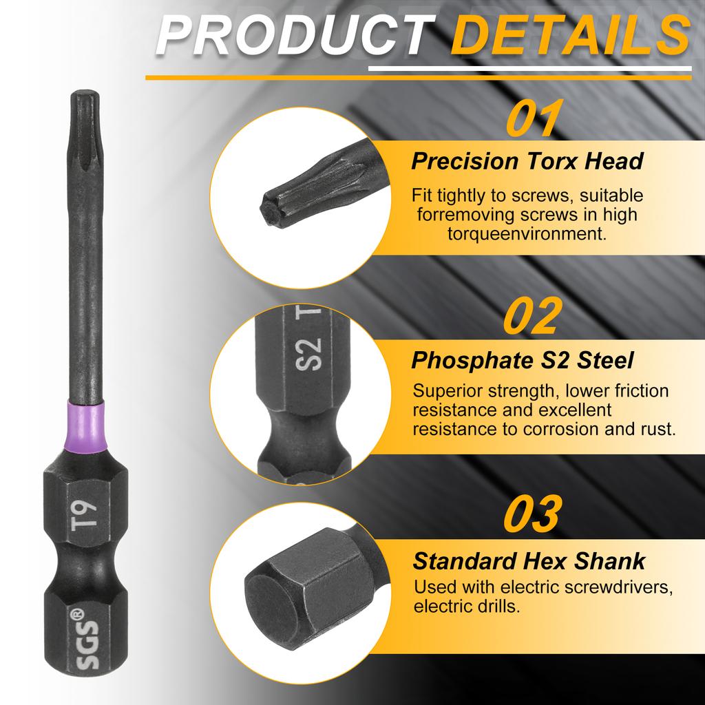 T7-T50 Torx Head Impact Screwdriver Bits 1/4" Hex Shank Magnetic No Hole Tamper Proof 6 Point Star Screw Driver Bits Power Tools