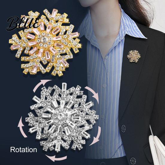 Women Fashion Accessory Rotating Snowflake Brooch Rhinestone Lapel Pin Decorative
