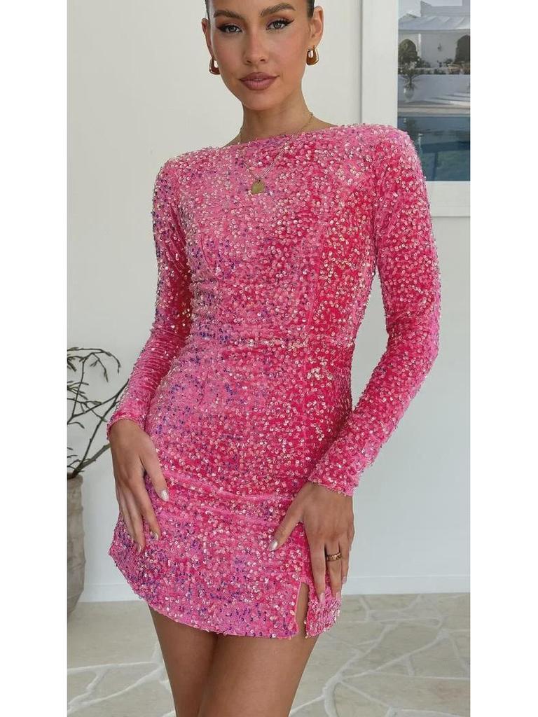 Flitrové šaty na párty s odhalenými zády a dlouhým rukávem – Elegantní evropský, americký a jihovýchodoasijský styl (4 barvy)