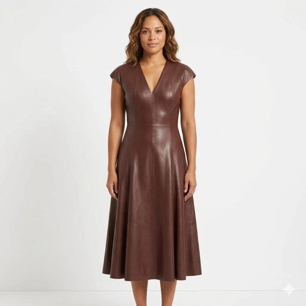 Women s Brown Elegant Party Cocktail Dress Slim Fit Real Lambskin Leather Stylish S коричневый