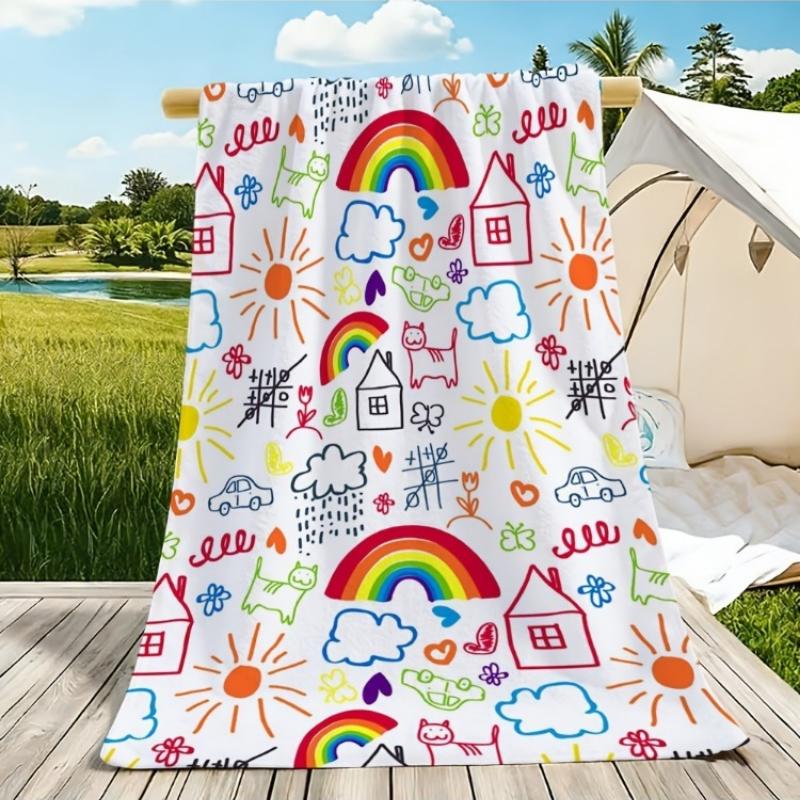 

2D Flat - 1pc Rainbow House and Sun Pattern Beach Towel | Soft, Skin-Friendly, Non-Shedding, Resistant to Pilling and Fading W30*H60(CM)