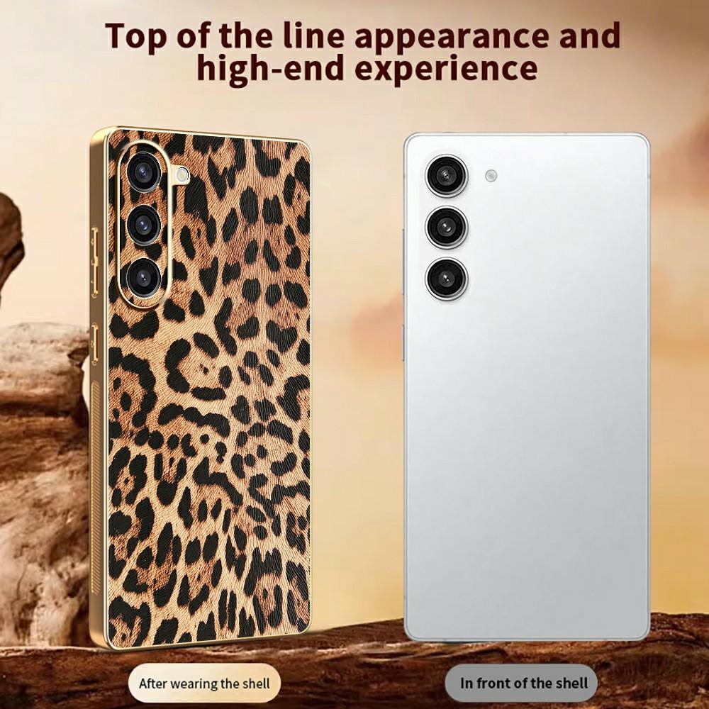 For Samsung Galaxy S23+ Case Leopard Print PU Leather Coated PC+TPU Electroplating Phone Cover