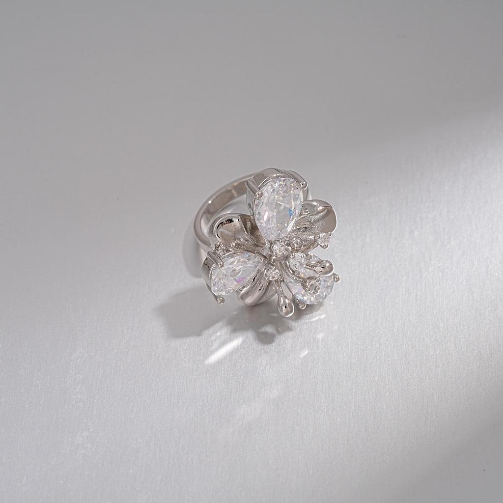 18k Gold Plated Zircon Flower Open Ring - Luxury European & American Style Index Finger Ring