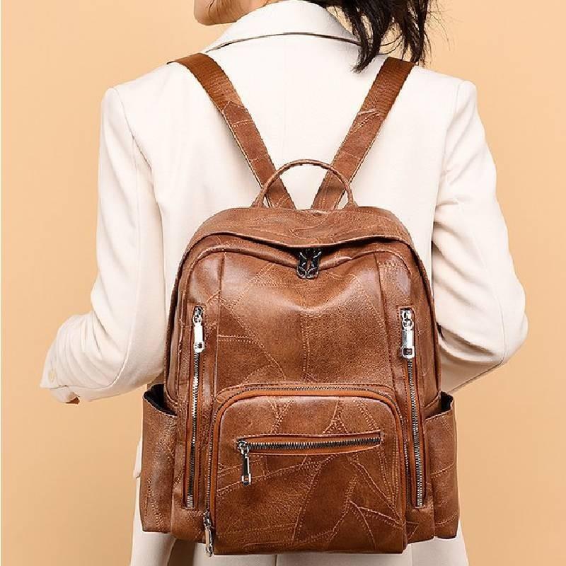 Stylish Pu Leather European Retro Casual Backpack For Women Soft Zipper Closure