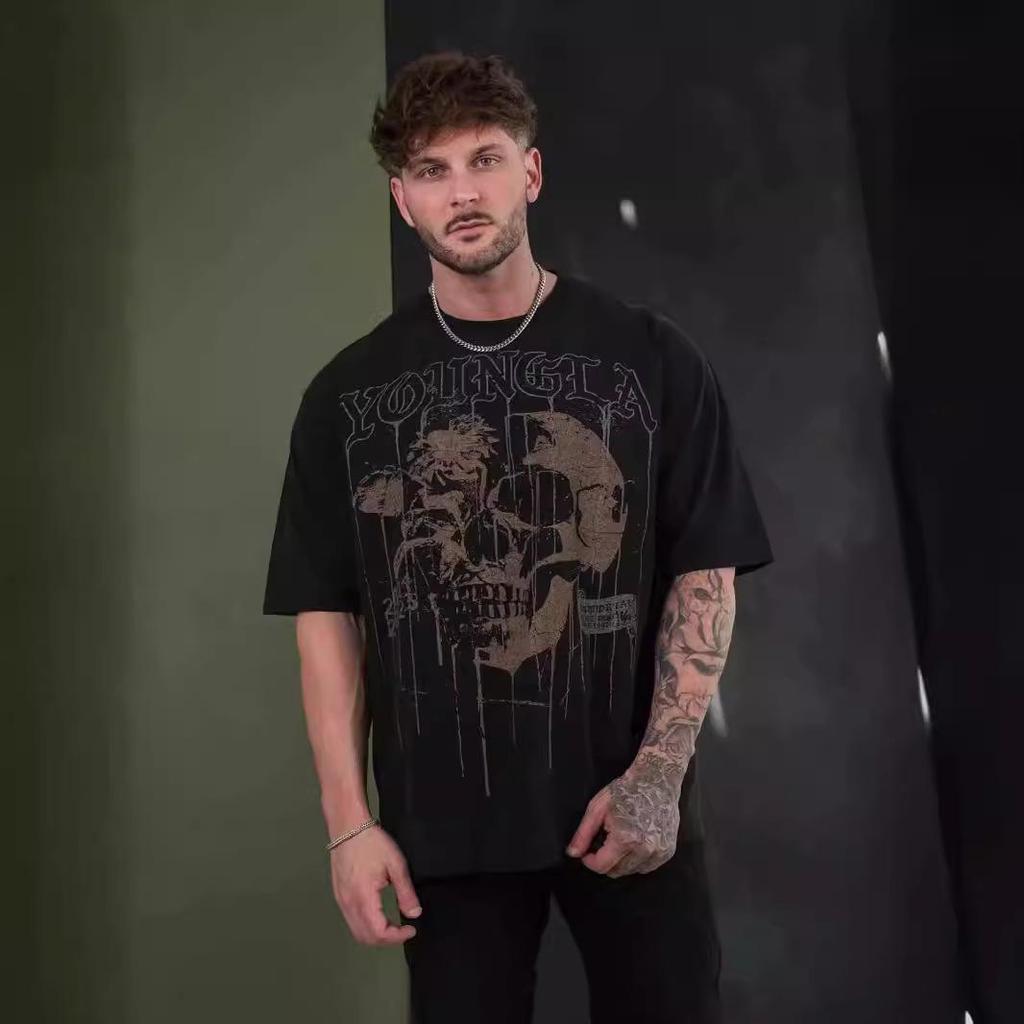 Pánské letní bavlněné tričko YOUNG LA s potiskem lebky, volného střihu - kulatý výstřih, krátký rukáv, fitness a běžecké oblečení