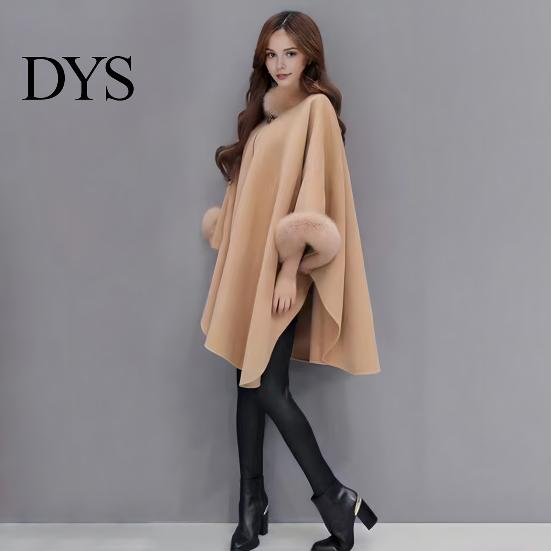 Winter Coat Lady Cape Dolman Sleeves Thick Shawl Loose Stand Collar Solid Cozy Wool Blend Trench Color Faux Fur Decor Warm Daily Wear Work Outdoor