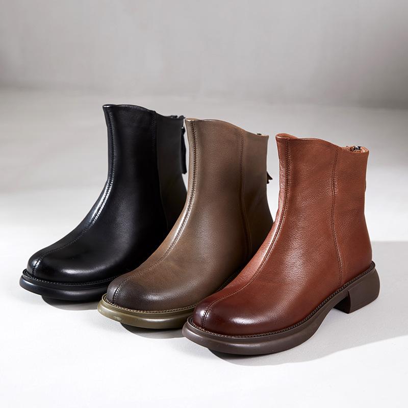 First layer cowhide Chelsea boots women's 2025 autumn and winter new khaki retro leather short boots women's leather boots