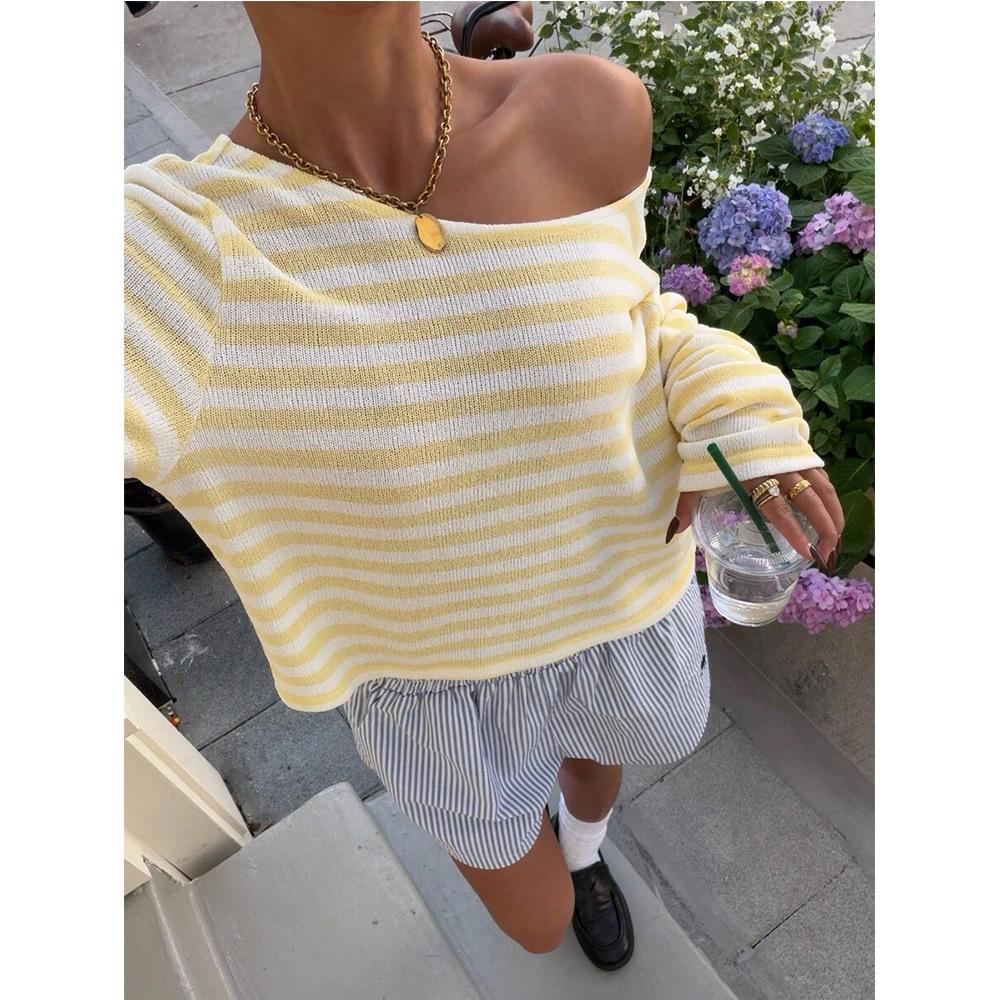 Women Striped Off Shoulder Long Sleeve Loose Knit Top S