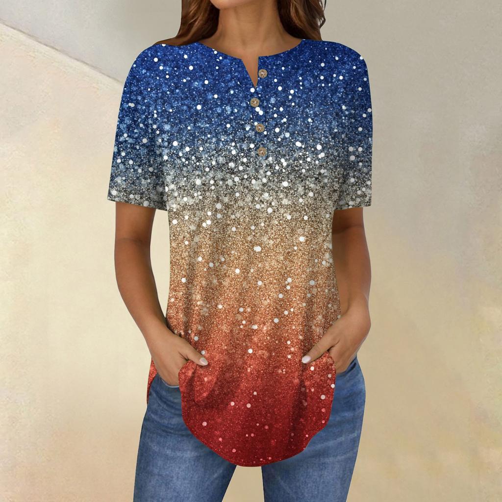 Short Sleeve Womens Tops Summer T-Shirts Print V Neck Casual Basic Tee Button Shirts Tunic Tops Independence Day