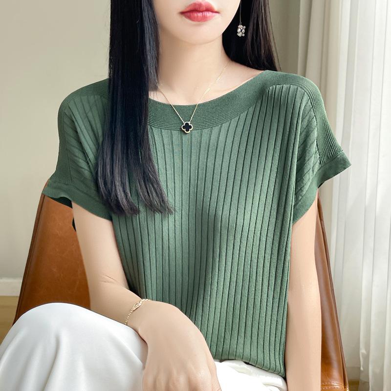 Summer Women's Slash Neck Women Sweater Ice Silk Spring Knitted Sweater Loose Casual Shirts Short Sleeve Knitwears
