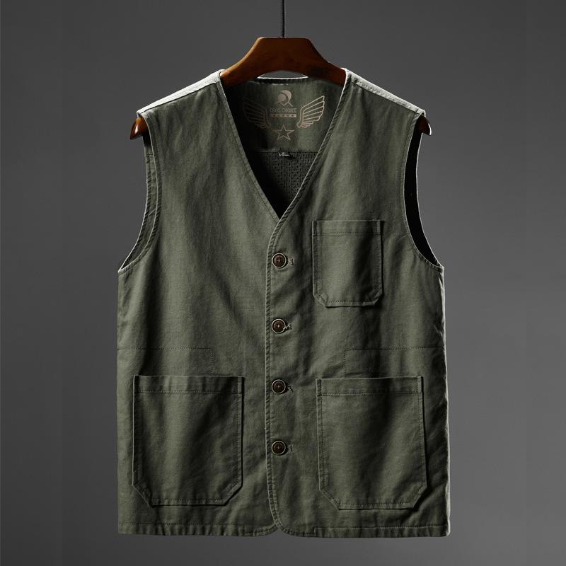Men's Plus Size Cotton V-Neck Fishing Vest – Middle-Aged & Elderly Casual Sleeveless Jacket