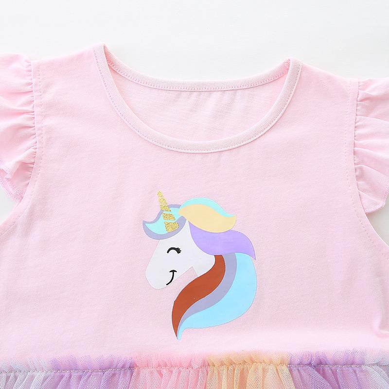 Summer New Arrival Girls' Dress Unicorn Print Children's Tulle Skirt Knitted Cotton Short-Sleeved Princess Dress for Younger Children