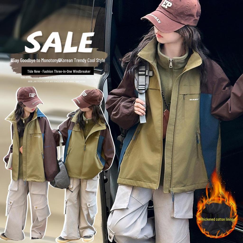 Cortavientos 3 en 1 Colorblock para Niñas 2025: Chaqueta Gruesa para Escuela Secundaria - Otoño/Invierno