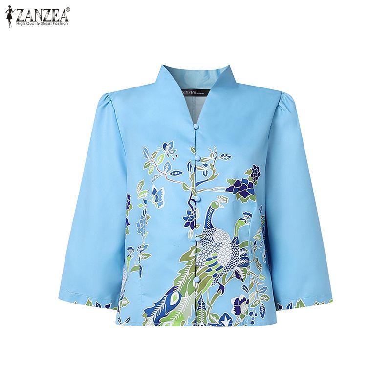 ZANZEA Women's 3/4 Sleeve V-Neck Printed Two Piece Set