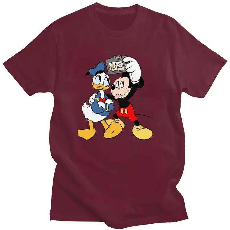 Mickey Mouse Donald Duck Minnie T Shirt for Men Pure Cotton Tshirt Graphic Tee Short Sleeve T-shirts Fitted Clothing Merch