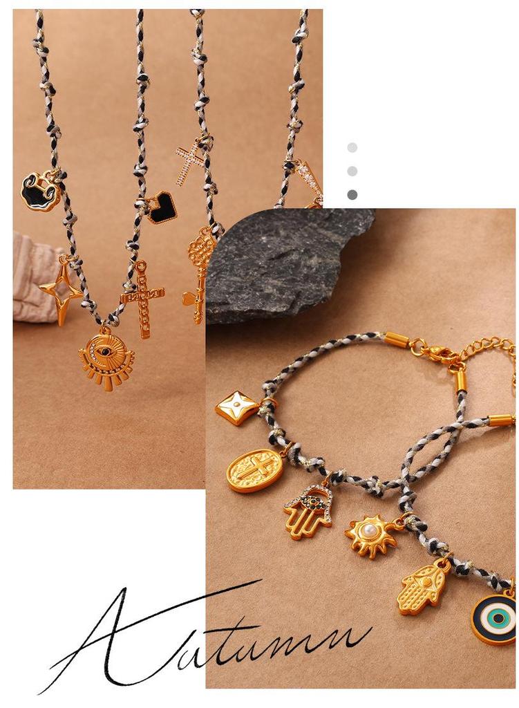 European-American Geometric Woven Rope Jewelry Set: Natural Stone Bracelet & Necklace
