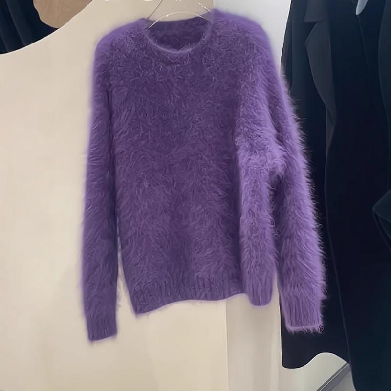 

Премиальный сенсорный норковый бархатный фиолетовый свитер женский осенне-зимний молочный хуху мягкий восковой темперамент мохер элегантный топ one size fits all фиолетовый