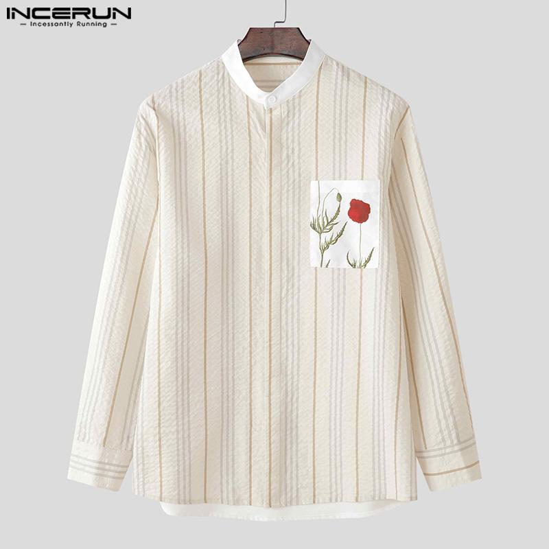INCERUN Men Stand Collar Long Sleeve Floral Print Patchwork Buttons Casual Loose Shirts