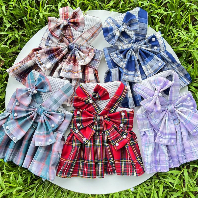 Pet JK Plaid Dress With Harness Loop Small Dogs Cats Teddy Bichon Corgi