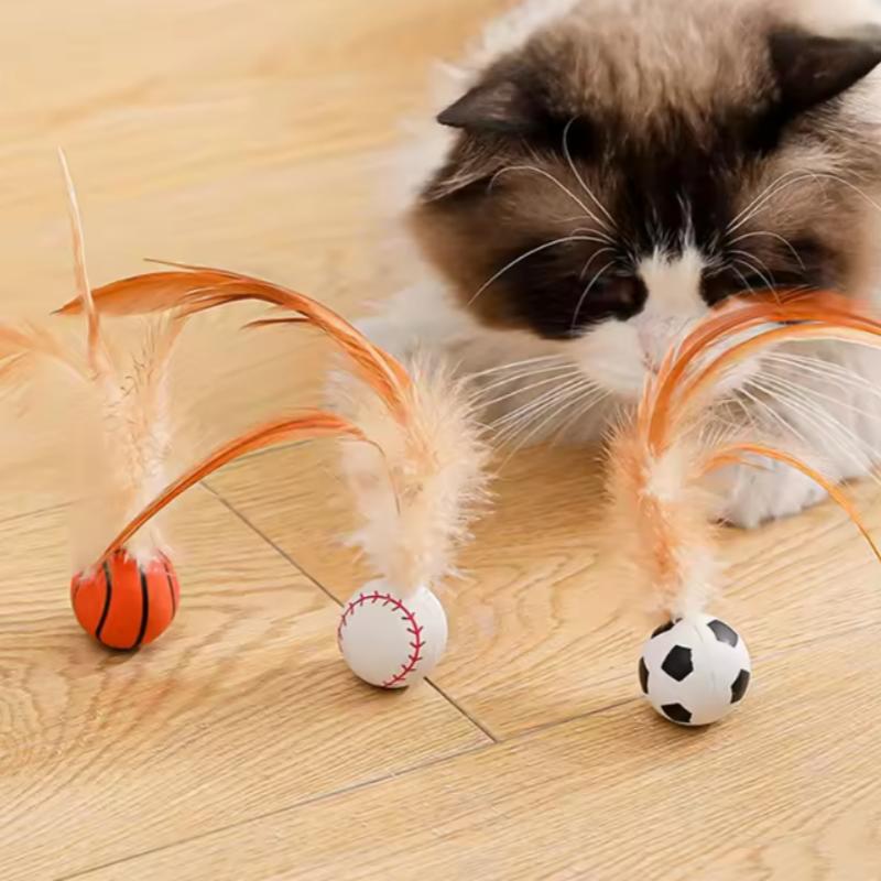 Colorful Bouncy Ball with Feathers, Interactive Cat Toy for Indoor Entertainment, Safe Kitten Teaser Plaything