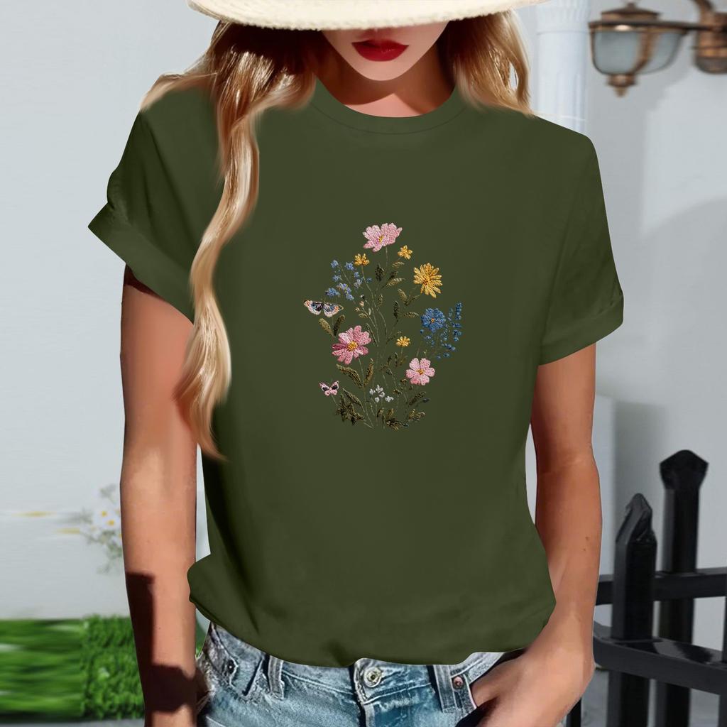 Women's Fashionable Round Neck Casual Retro Print Short Sleeved T-shirt Top