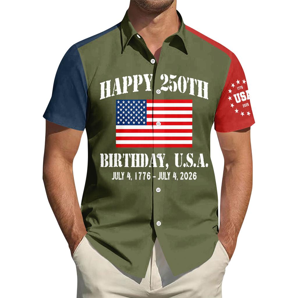 Top da Uomo Stampato per il Giorno dell'Indipendenza con Colletto Camicia Casual Sportiva a Maniche Corte da Uomo