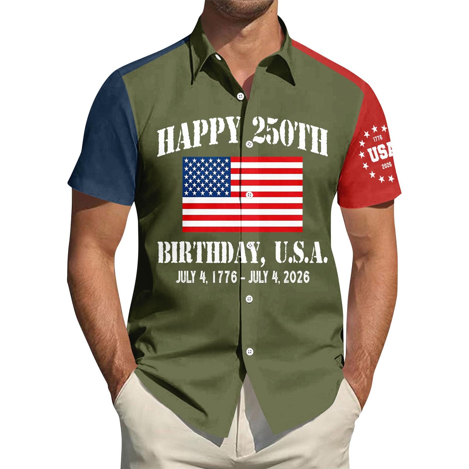

Short Sleeve Button Down Shirt with Printed USA Flag and 250th Anniversary Lettering Casual Fit Collared Top for Men M