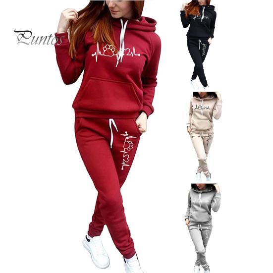 Women Tracksuit 2Pcs/Set Long Sleeve Drawstring Pockets Elastic Waist Mid-rise Casual Autumn Winter Heartbeat Print Hooded Sweatshirt Pants Set Sport