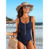 CHARMLEAKS Jednoczęściowy kostium kąpielowy dla kobiet, prążkowany, z wysokim stanem, usztywniany, z wycięciem na plecach, kwadratowym dekoltem i guzikami muszlowymi