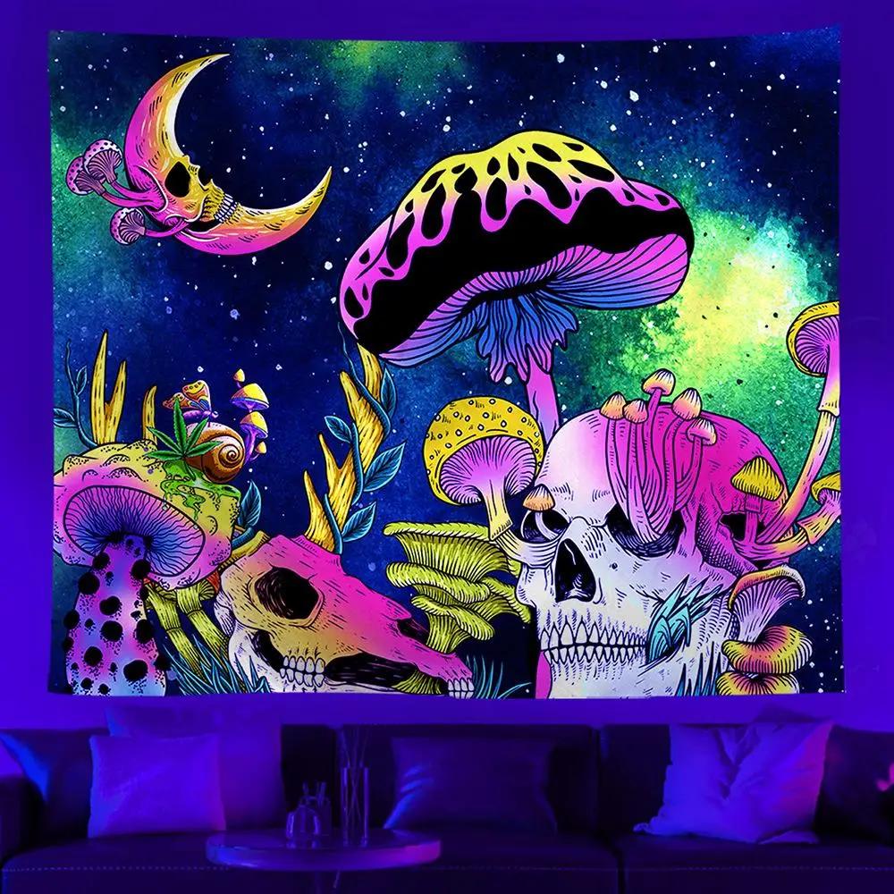 Skull Mushroom Fluorescent Tapestry Home Decor Aesthetics Hippie Bedroom Decoration  Living Room