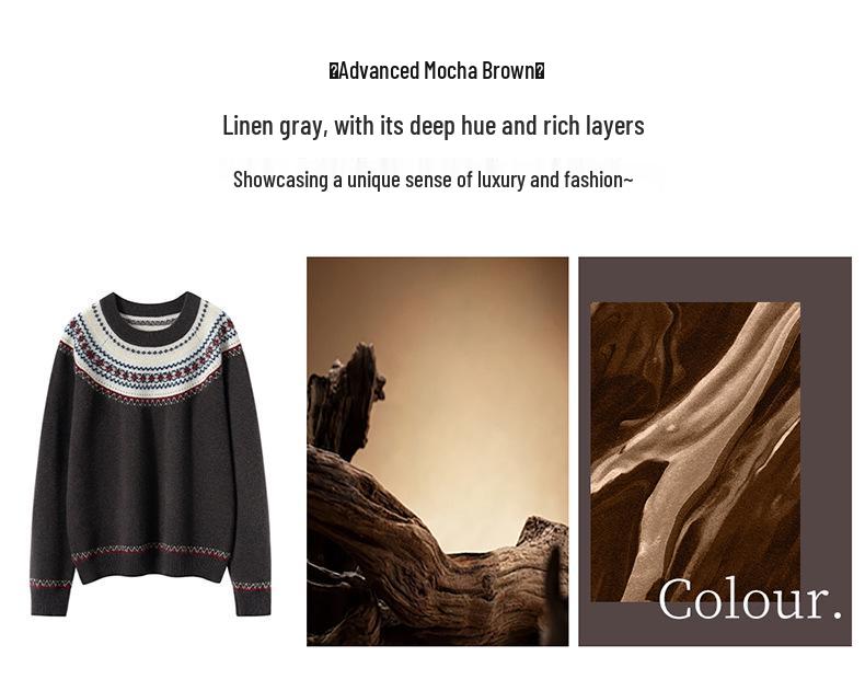 Women's 100% Cashmere Jacquard Sweater: Autumn/Winter Loose Round Neck Knitwear