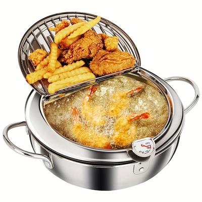 1 st. 304 roestvrijstalen frituurpan, frituurpan voor kip, tempura frituurpan met thermometer en deksel, Japanse stijl tempura frituurpan