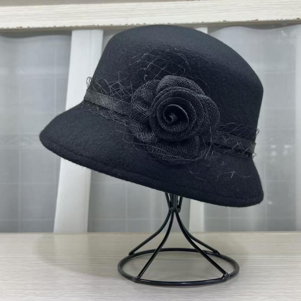 French Romantic Wool Top Hat Women's Autumn and Winter Thermal Basin Hat Celebrity Elegant Felt Hat Hepburn Wind Bucket Hat Lampshade Hat