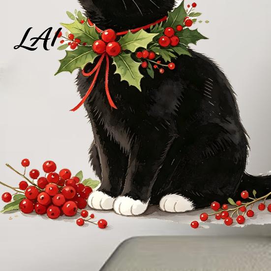 Winter Home Atmosphere Stickers Christmas Cute Black Cat Wall Sticker PVC Decal with Polka Dot Cone Hat Party Supplies And Red Berries Waterproof
