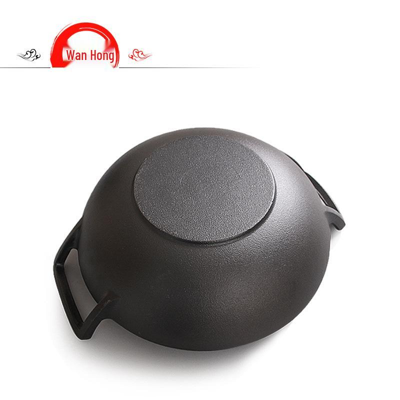 Thickened Cast Iron Double-Handle Wok – No Coating, Flat-Bottom Stew Pot, Healthy Kitchenware, Old-Fashioned Iron Design.