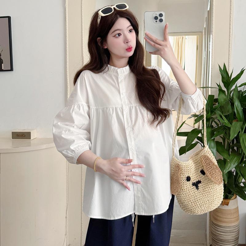 2026 Autumn Maternity Set: Elegant Solid Top + Color Block Wide-Leg Pants Extra Large