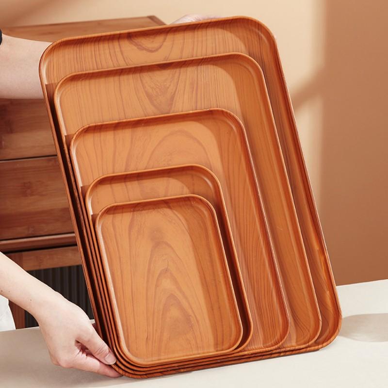 PP Plastic Tray Coffee Food Cup Trays Decorative Wood Grain Rectangular for Storage Dish Dessert Candy Tea Kitchen Supplies