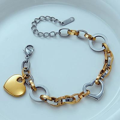 Bracelet Chaîne Épaisse Bicolore en Acier Inoxydable pour Femmes Couple Personnalité Élégant Cœur d'Amour Géométrique Bijou Cadeau